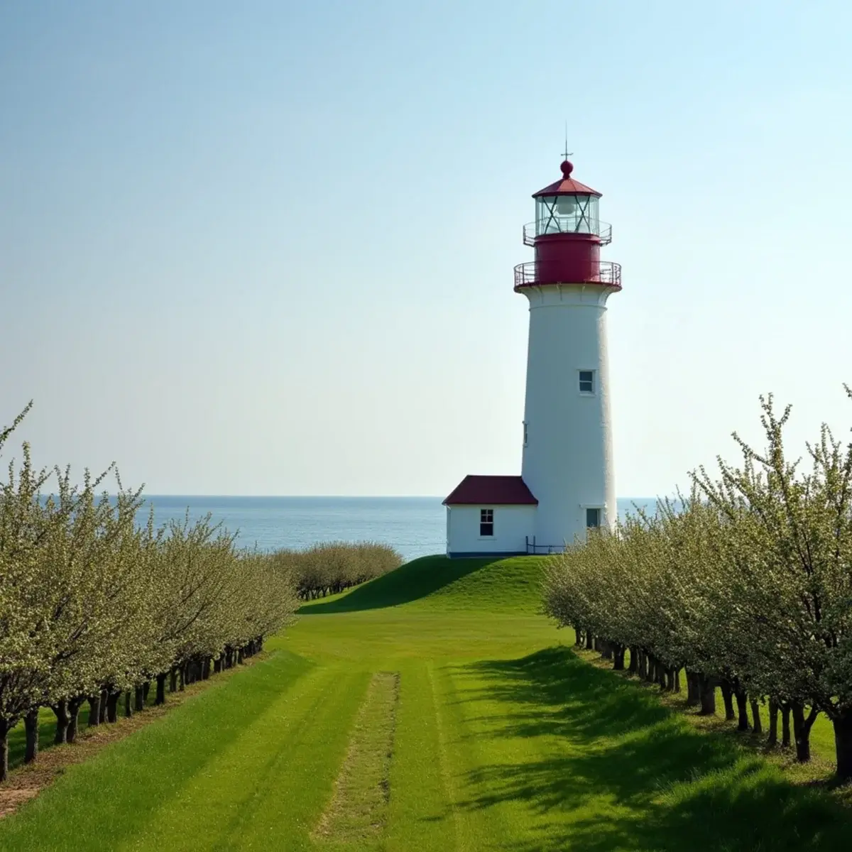 Flights to Wisconsin: Wisconsin Door County lighthouse and cherry orchards on Lake Michigan