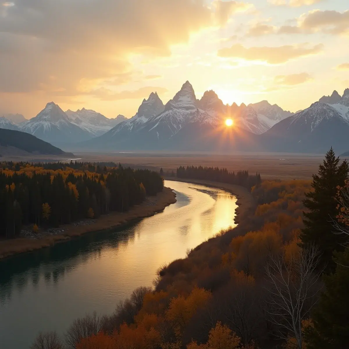 Flights to Wyoming: Wyoming Grand Teton range above the Snake River bend at sunrise